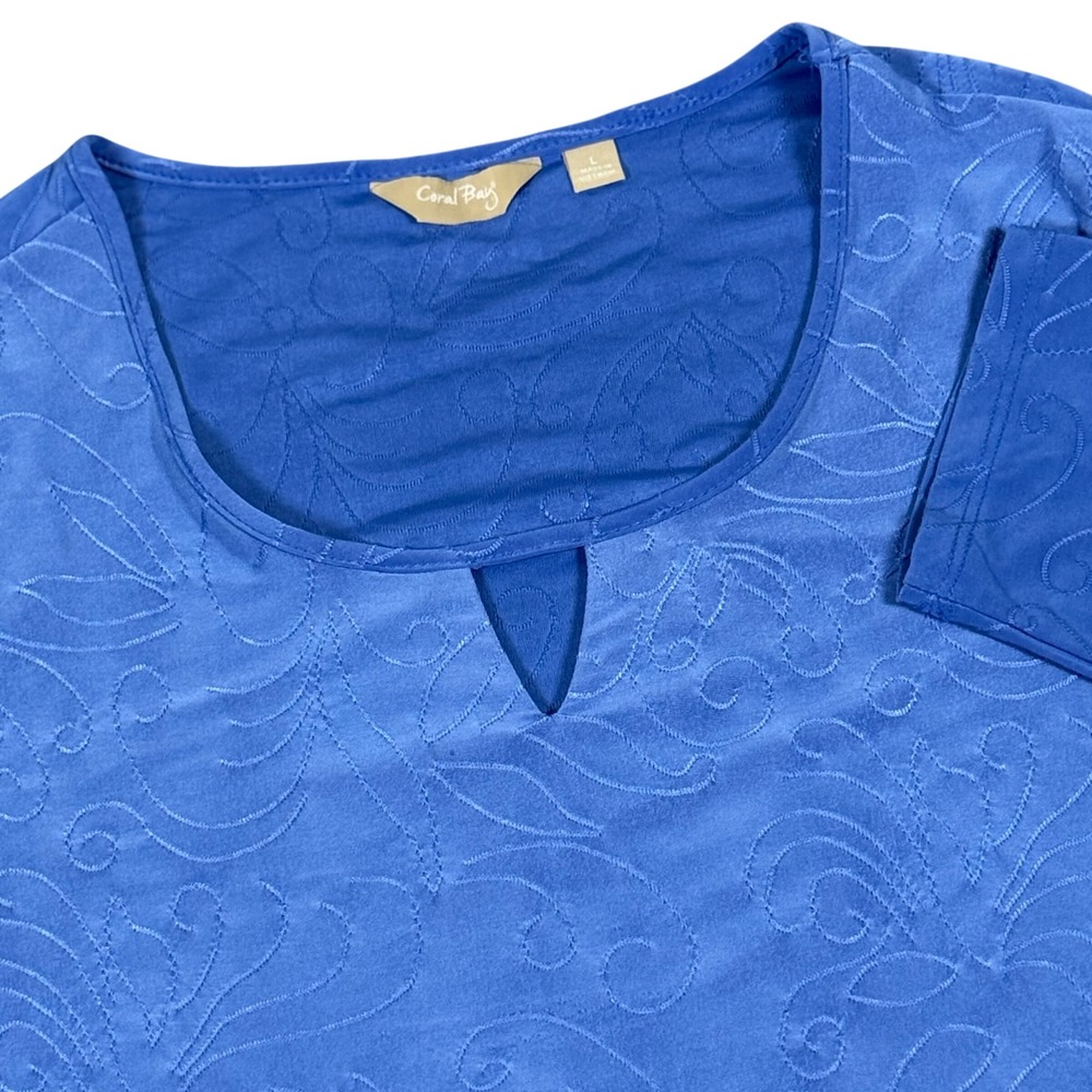 Coral Bay Woman's Size Large Floral Embroidered Blue V-Neck 3/4 Sleeve Tunic Top